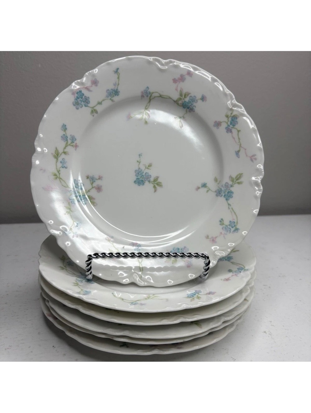 Haviland Limoges Schleiger 441b Blue & Pink Floral 7 3/8 in Salad Plate set of 6